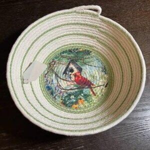 Handmade Ivory Rope Bowl w/Red Cardinal 7"x 2" for Keys Jewelry Remotes Wallets